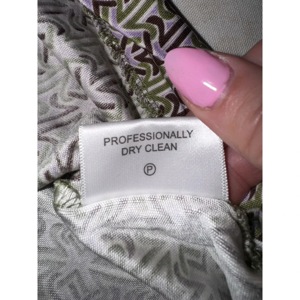 Tory Burch Silk Geometric Print Notched V-Neck Dress Brown Green Lavender Size M